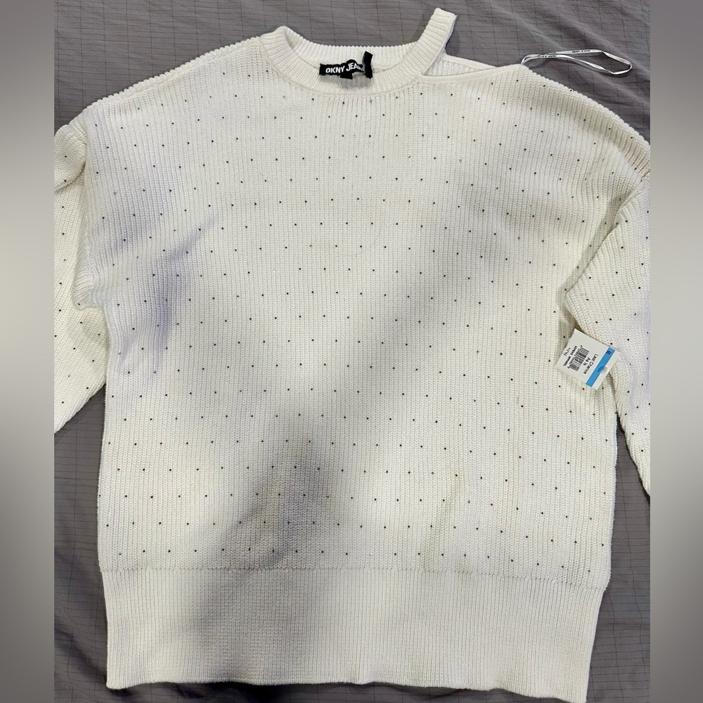 DKNY Jeans Cream Crewneck Sweater with Jewel Detail Size XL